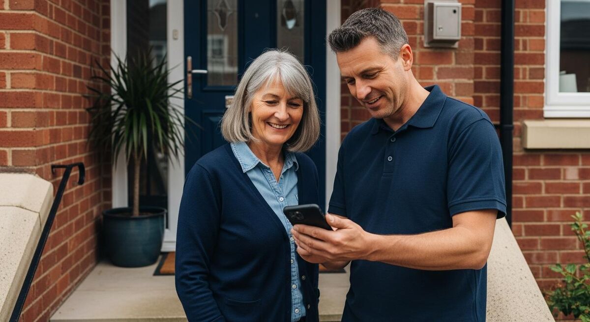 An engineer showing a homeowner the completed work on a phone before leaving
