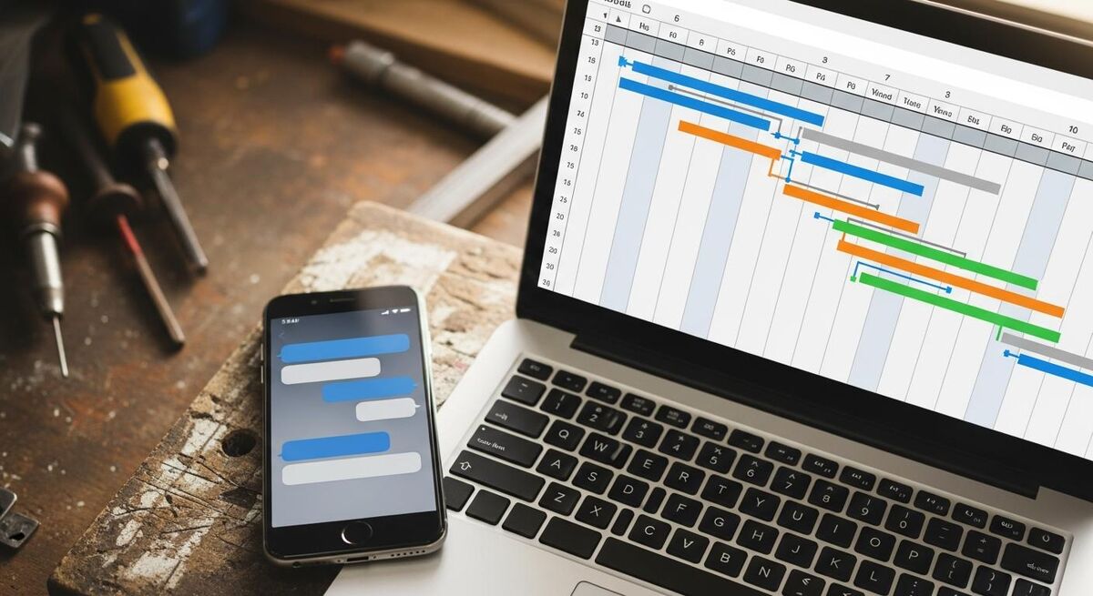 Hands holding a phone displaying a generated task list with durations in days, next to an open laptop with the timeline spreadsheet showing those tasks plotted as bars
