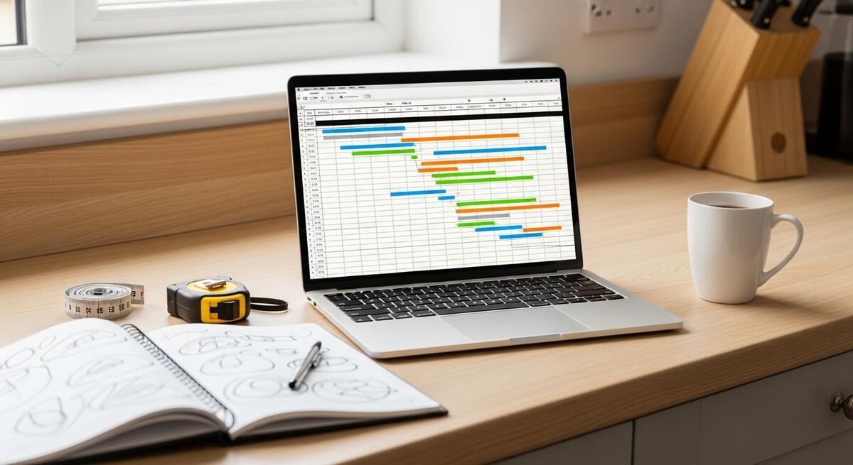 A laptop on a kitchen worktop showing a Gantt-style project timeline spreadsheet, with a UK tradesperson reviewing it before starting the job