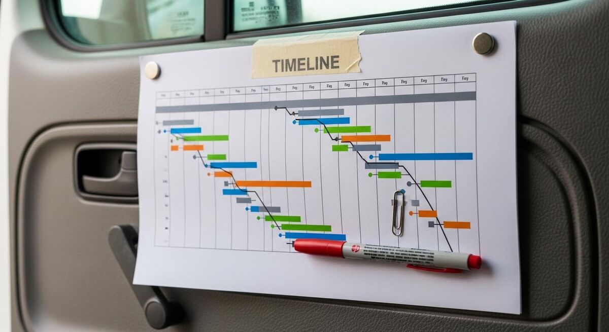 Close-up of a printed Gantt-style timeline with coloured bars showing first fix, second fix, plaster, and snag tasks, marked up with a pencil