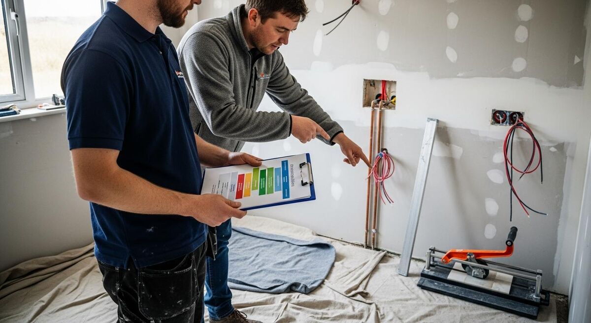 A plasterer and an electrician on site reviewing a printed timeline, with second-fix tools laid out on a dust sheet, showing the handover point between first and second fix