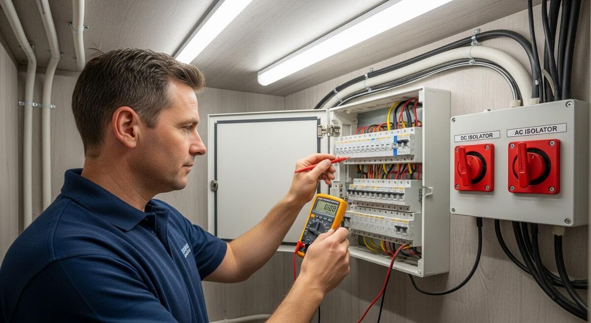 Electrician at a consumer unit with a clipboard, checking connections before commissioning a solar system