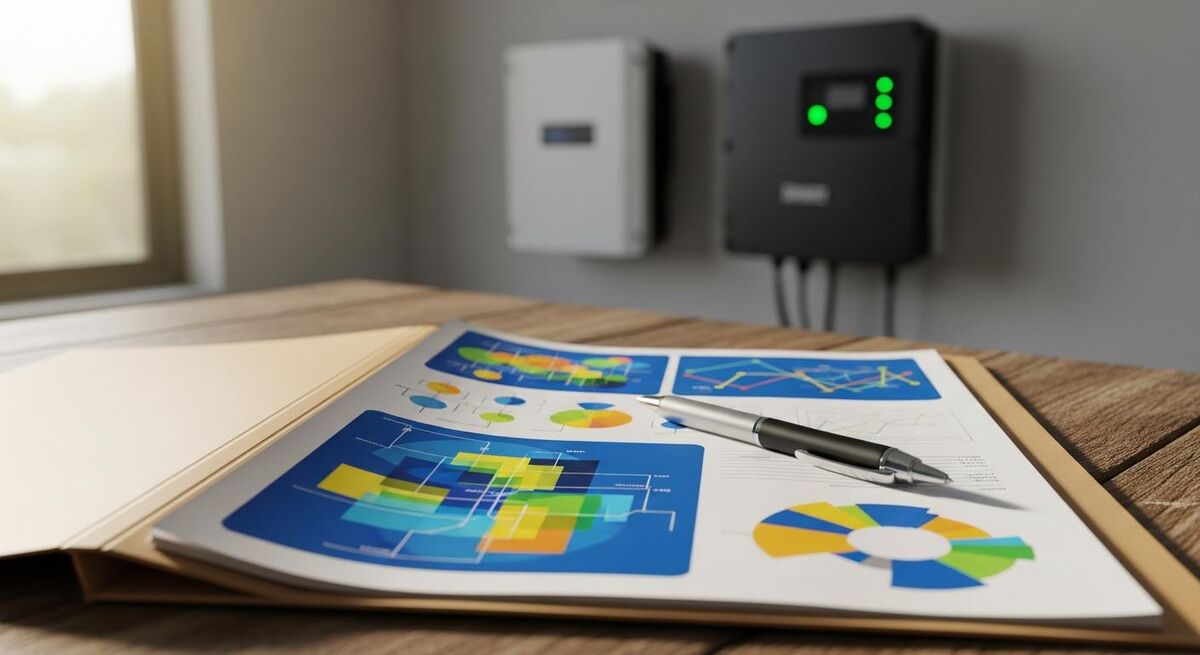 Close-up of an engineer reviewing documentation in a folder beside a mounted solar inverter