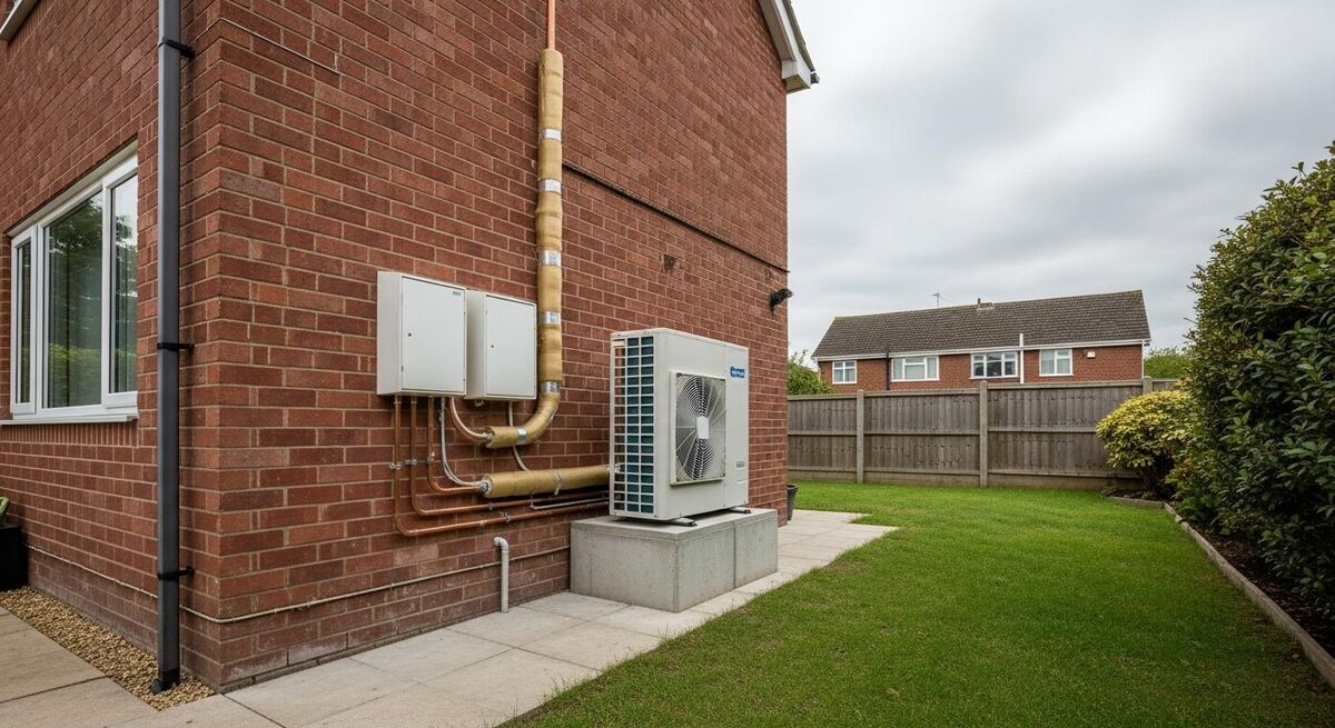 Air source heat pump unit installed on a concrete plinth beside a brick house with pipes running into the wall