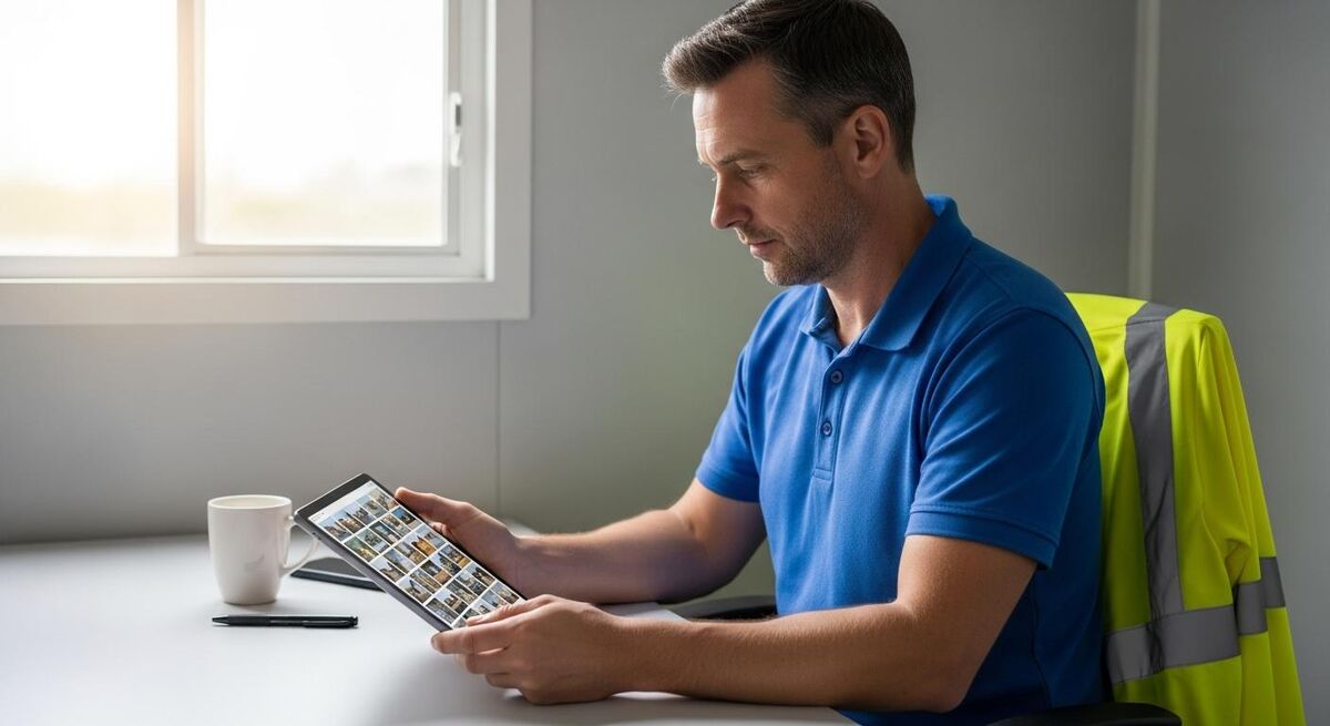 A site manager reviewing flagged photos on a tablet at a desk, with a hi-vis vest on the back of the chair