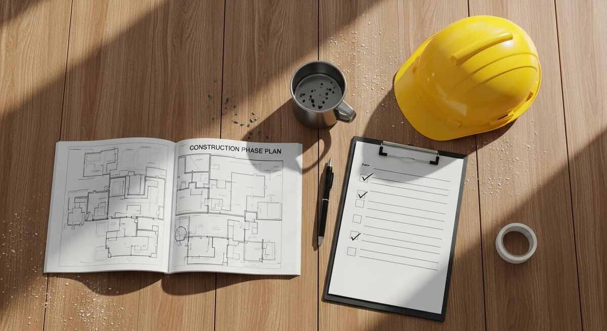 A construction phase plan and risk assessment paperwork on a clipboard beside a hard hat on a wooden table