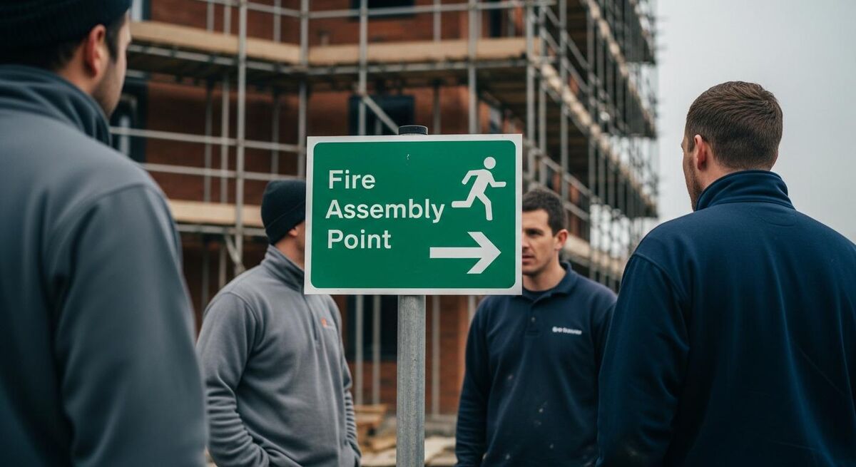 A green fire muster point sign on a metal post in front of a small group of trades workers gathered for an emergency drill