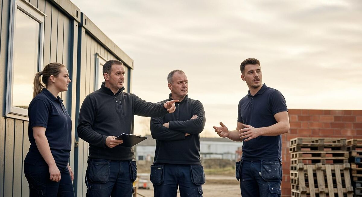 A site foreman briefing a small group of trades workers outside a portacabin at the start of the day