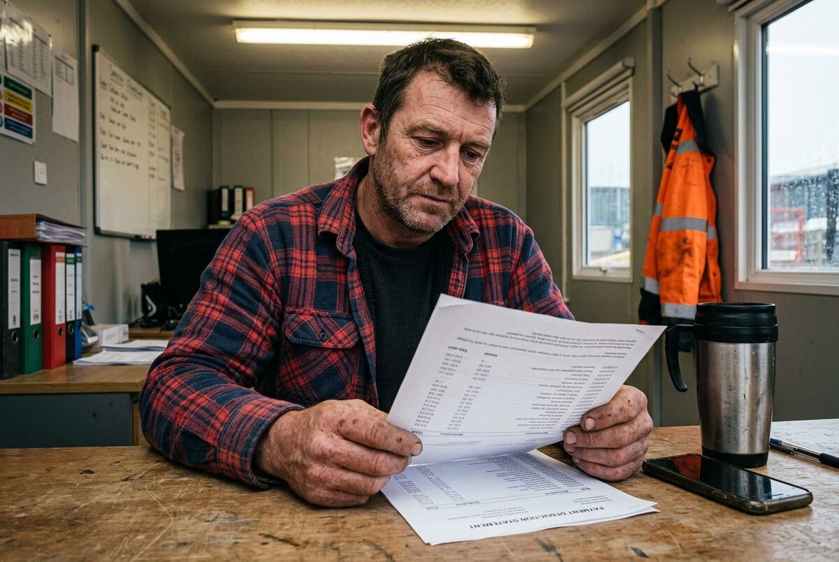 A UK tradesperson reviewing a CIS payment and deduction statement in a site portacabin