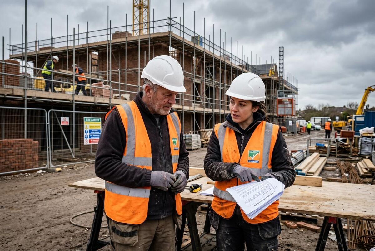 Two tradespeople reviewing a subcontractor agreement on a UK construction site