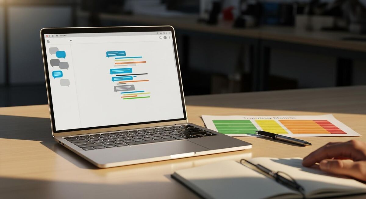 A workshop manager at a laptop using an AI chat window to plan training renewals beside a printed team matrix