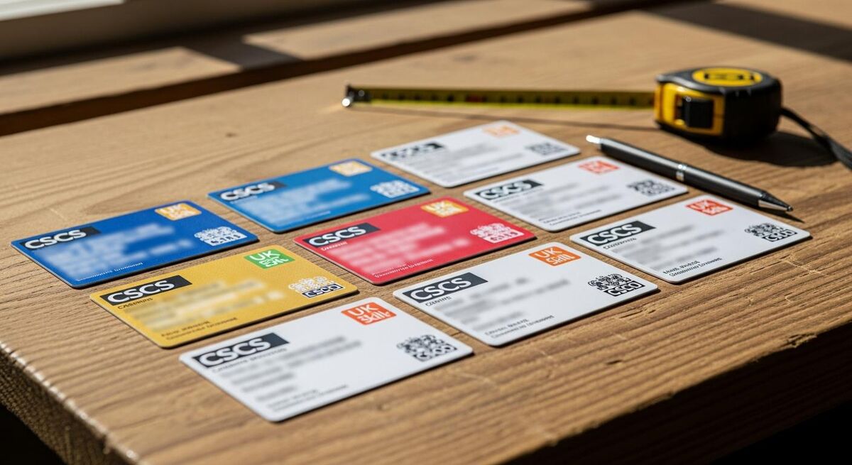 A row of UK construction certification cards laid out on a workbench including CSCS Gas Safe ECS and asbestos awareness
