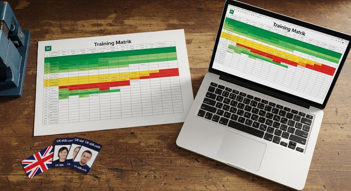 A workshop manager at a bench reviewing a printed team training matrix with a laptop showing the colour coded Excel version