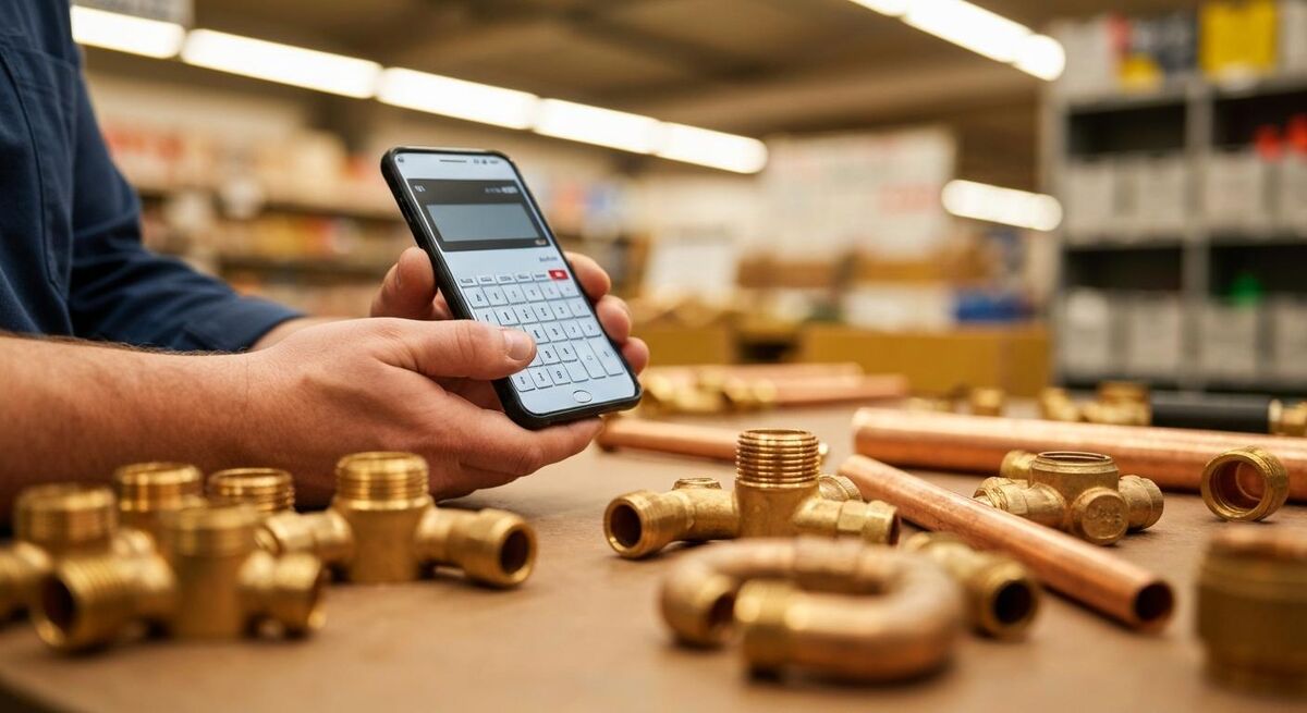 A tradesperson at the trade counter checking a parts list against a phone calculator