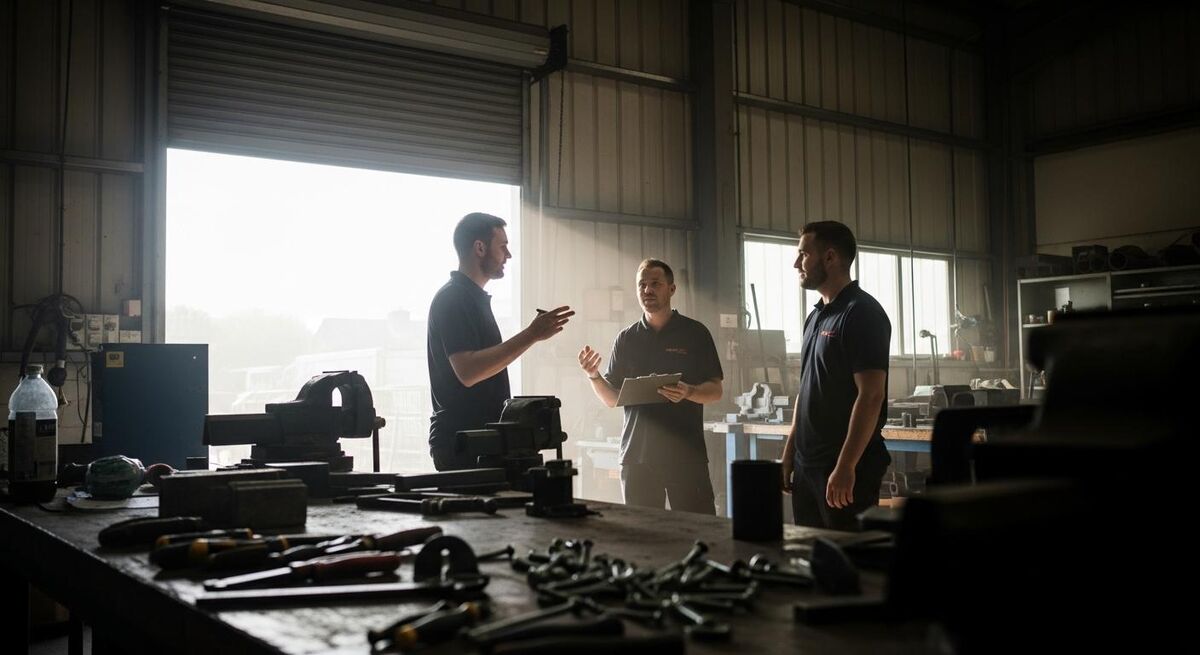 A trades team gathered in a workshop for a short morning briefing