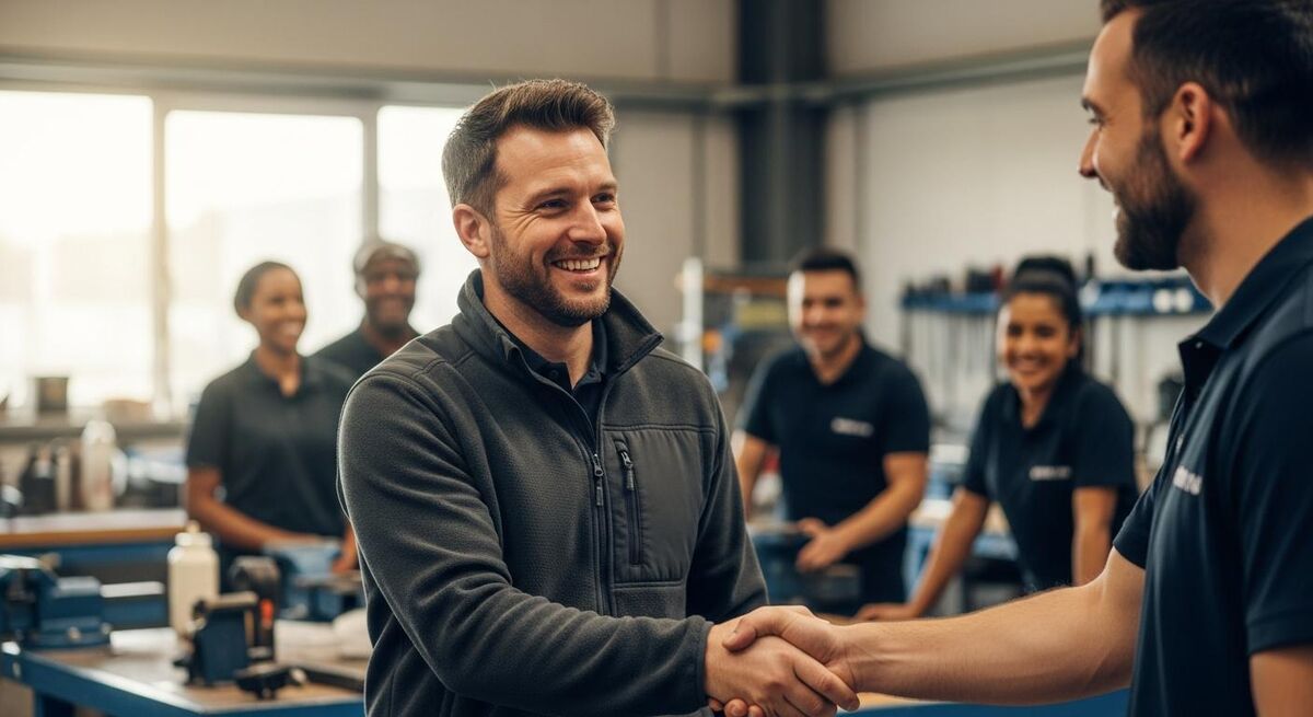 A trades business owner shaking an engineer's hand at the end of a team huddle