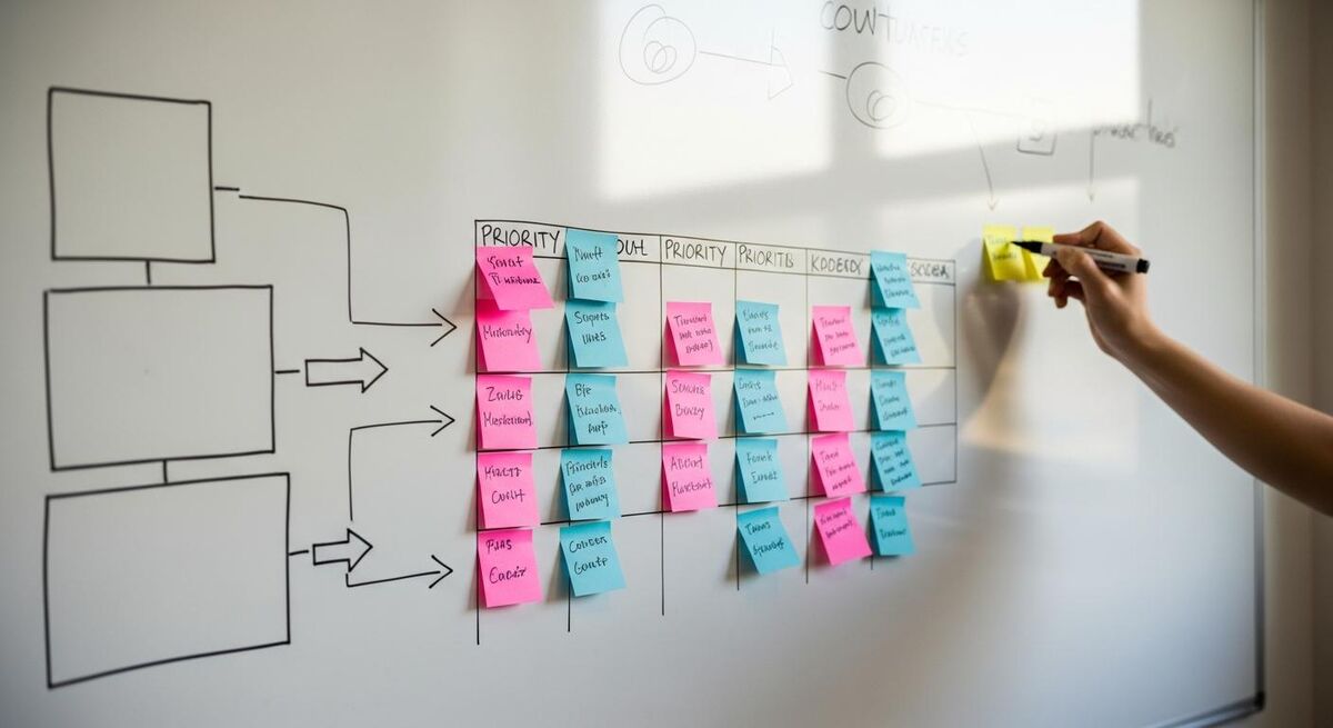 A whiteboard showing a simple weekly priorities list for a trades team