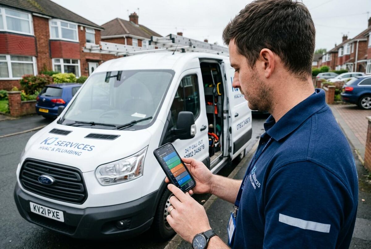 HVAC engineer checking his scheduling app on a smartphone outside a customer property next to his white van