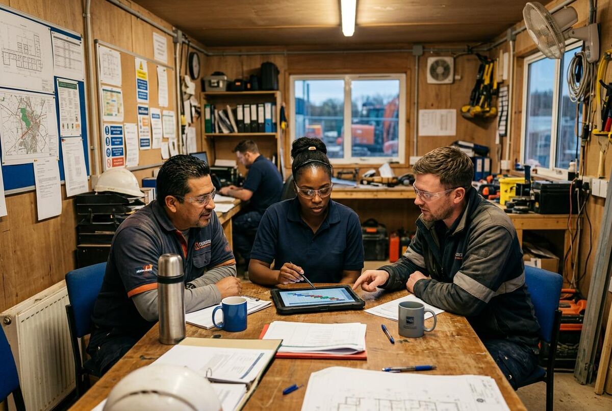 Small team of three HVAC engineers in a site portacabin reviewing a digital schedule on a tablet