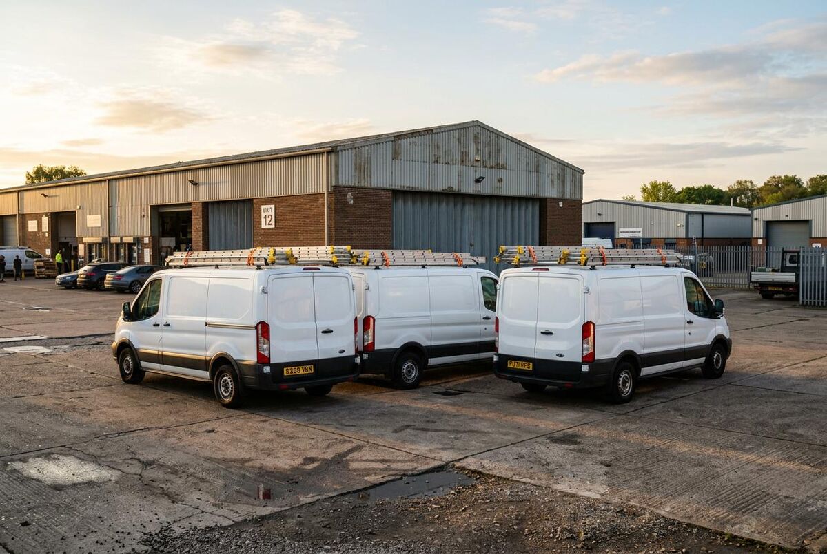 Three white HVAC service vans parked at a UK industrial estate, ready for the day