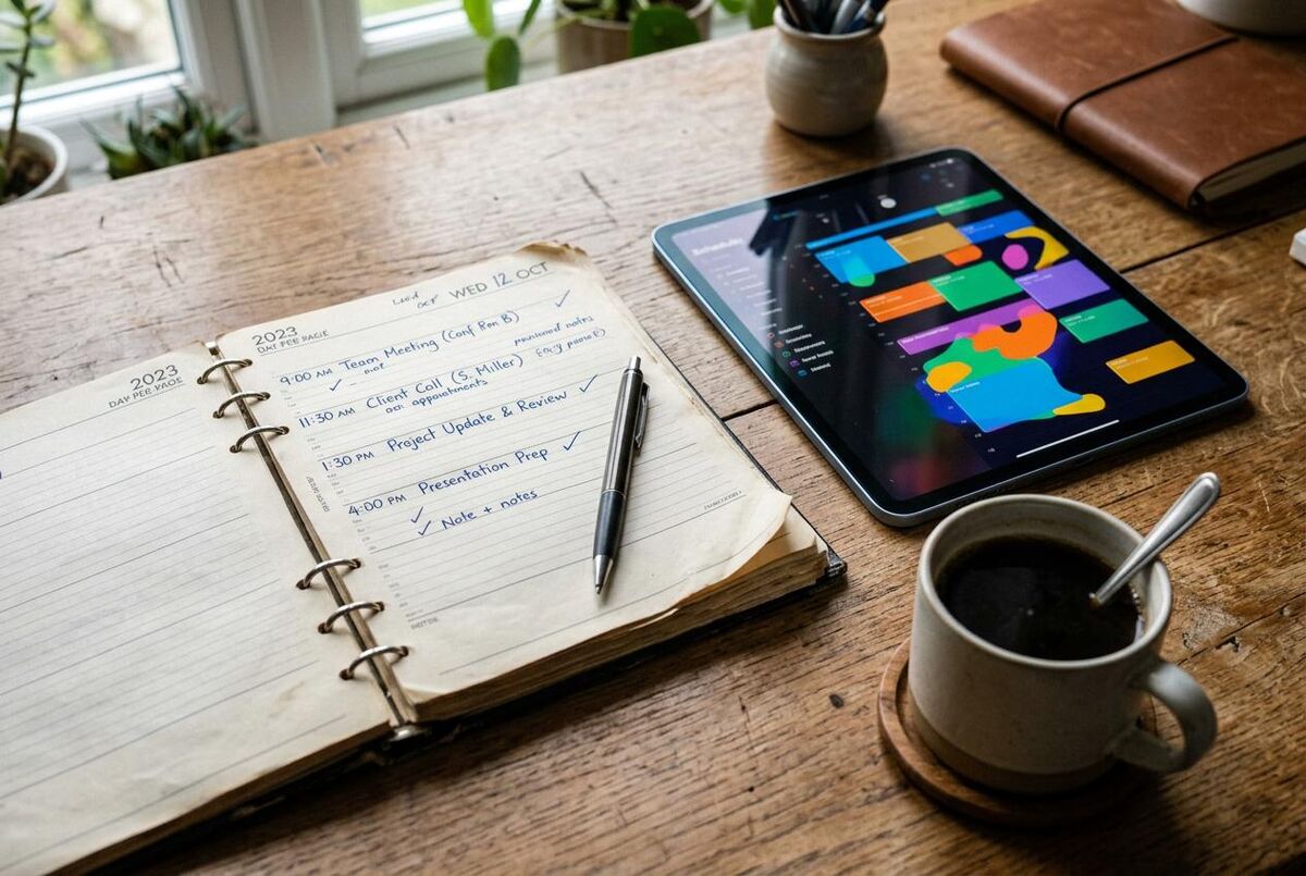 Paper diary next to a digital scheduling tablet showing the contrast between old and new working methods