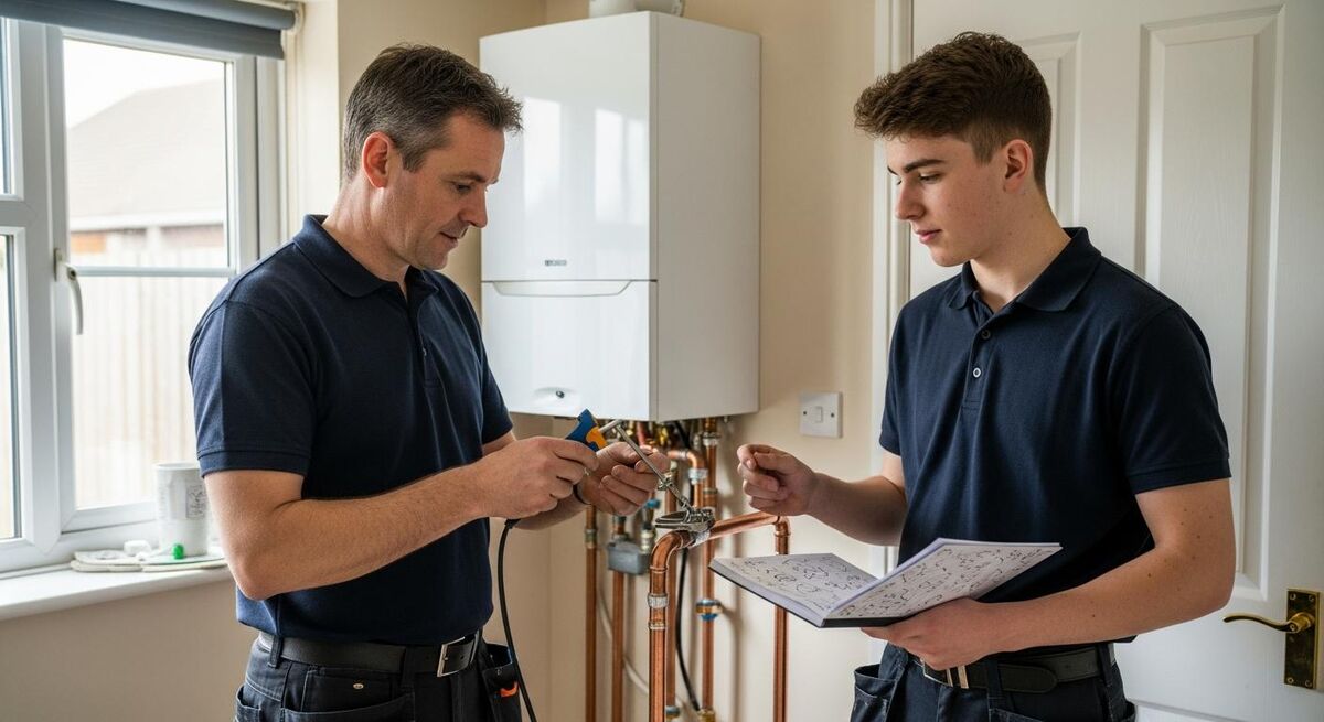 An older tradesperson showing an apprentice how to bleed a radiator inside a customer's home