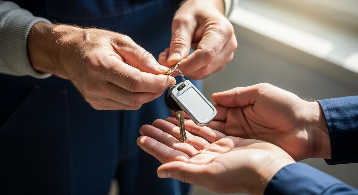 Tradesperson handing a set of van keys to a younger colleague outside a residential property