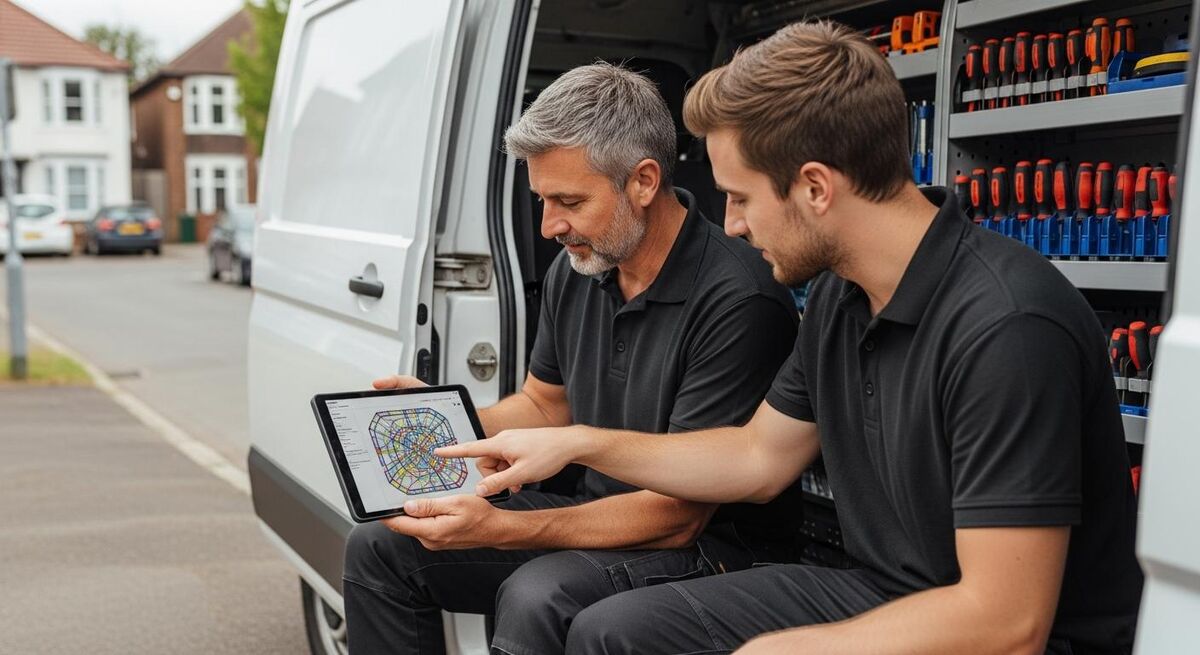 Two engineers reviewing a job sheet on a tablet inside the back of a service van