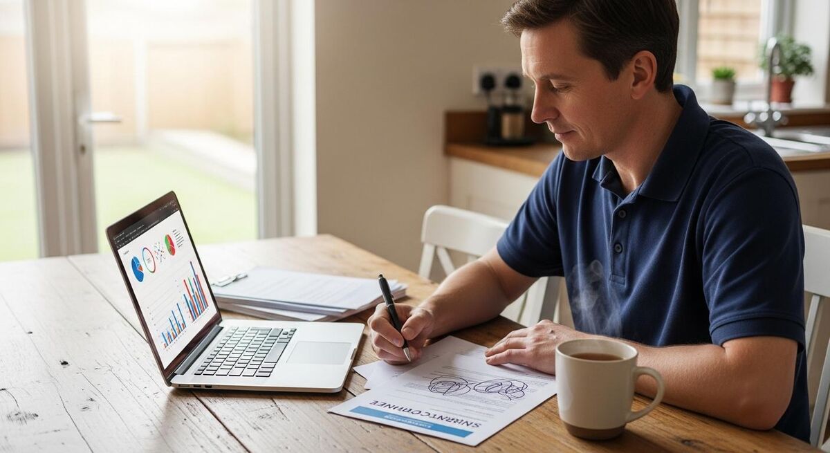 A tradesperson at a kitchen table with a laptop open to the HMRC website and an insurance certificate beside it