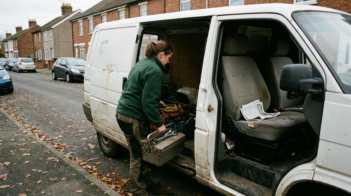Sole trader plumber loading tools into a used van with a purchase invoice on the seat