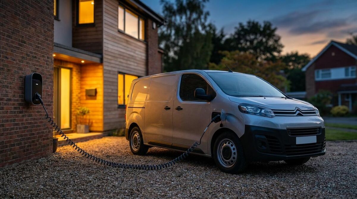 Electric trades van plugged into a charge point outside a domestic property at dusk