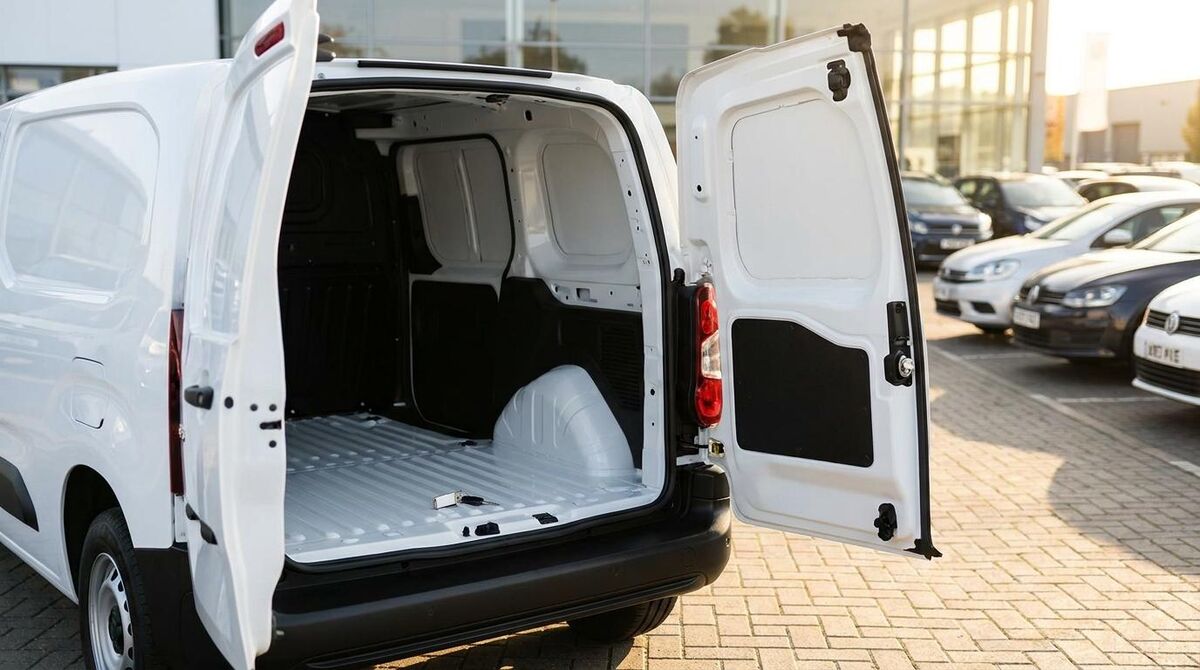 Plumbing and heating business owner standing beside a new panel van on a dealer forecourt
