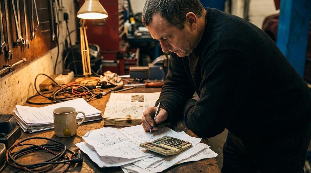 Business owner reviewing van paperwork and tax figures at a workshop bench
