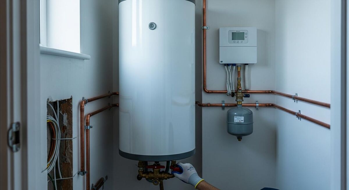 Heating engineer installing a tall unvented hot water cylinder next to a heat pump indoor unit in a new build airing cupboard