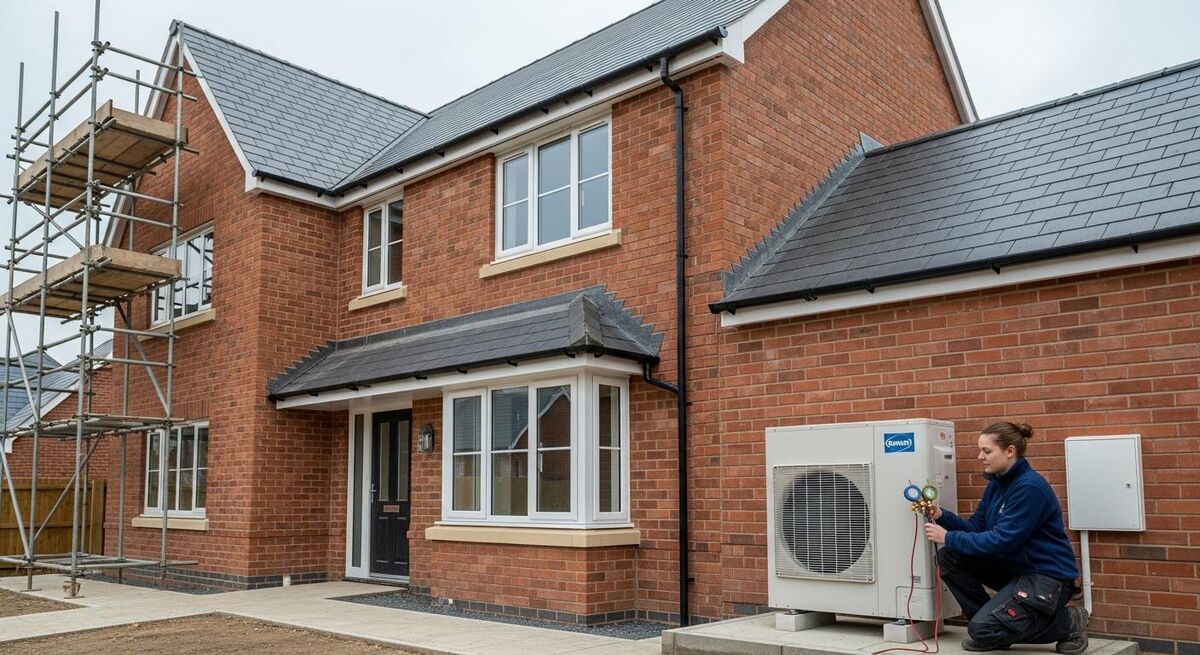 Outdoor air-source heat pump unit being commissioned beside a brick wall of a new house
