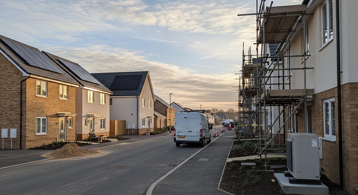 Newly built UK home with rooftop solar panels and an external heat pump unit beside a paved drive