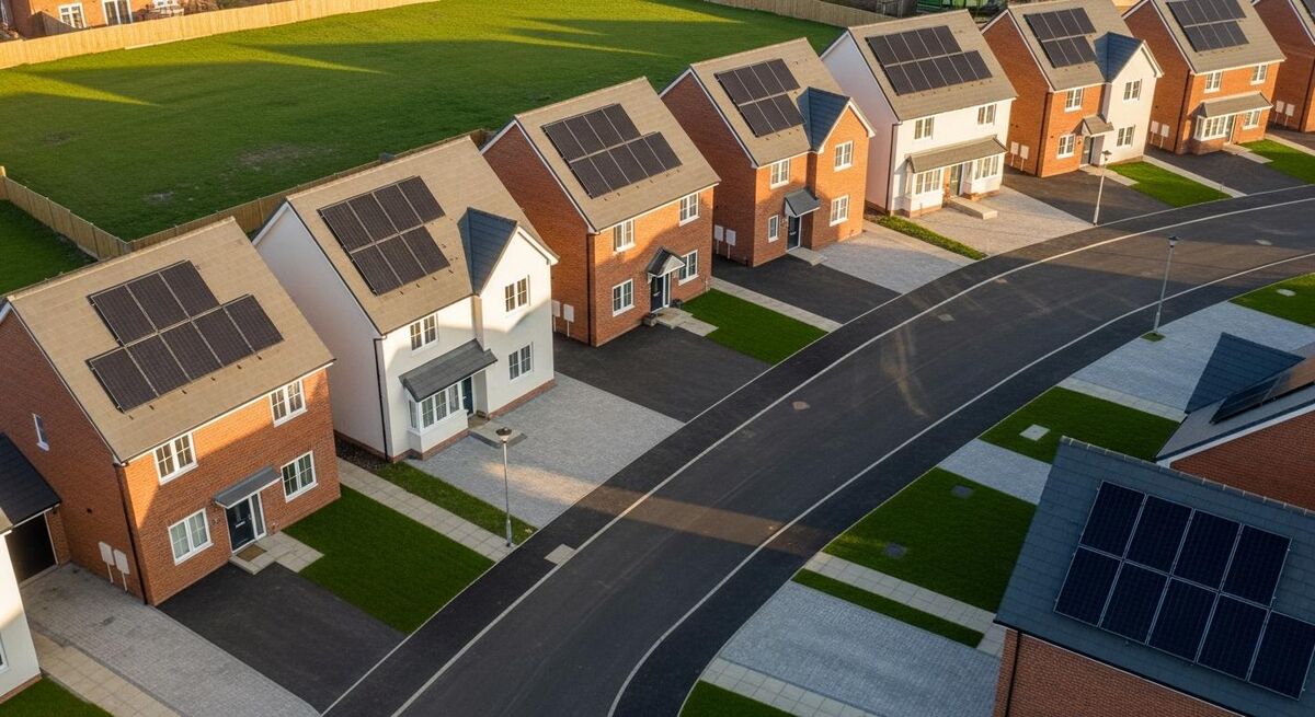 UK roofer fitting solar PV panels to the south-facing slope of a new build estate