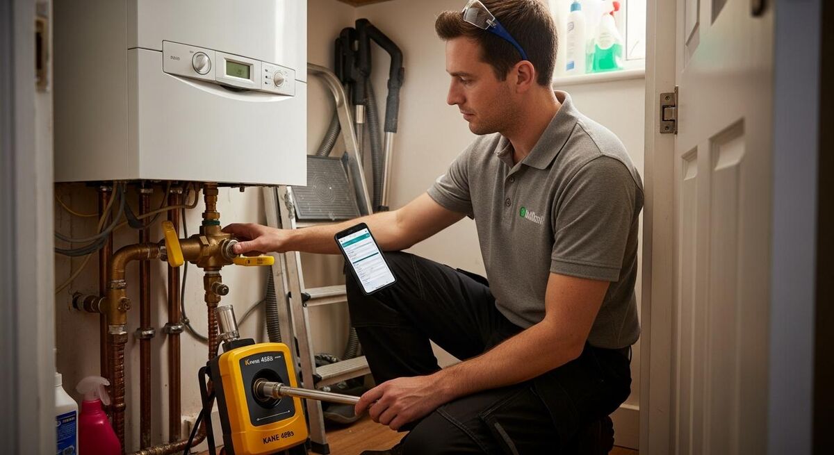 Gas engineer using the Powered Now app on a phone next to a wall-hung combi boiler