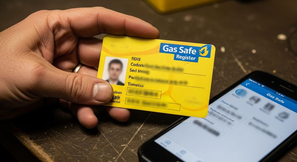 Gas Safe Register engineer ID card on a desk next to a phone