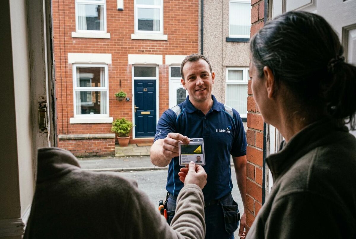 Gas engineer presenting ID card to homeowner at doorstep of UK terraced house
