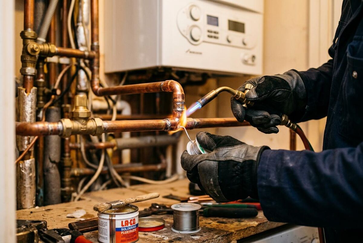 Gas engineer brazing copper pipe joints on a central heating system