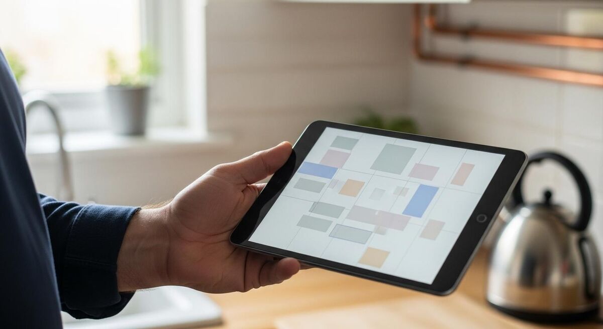 A tradesperson reviewing customer job records on a tablet in a small workshop