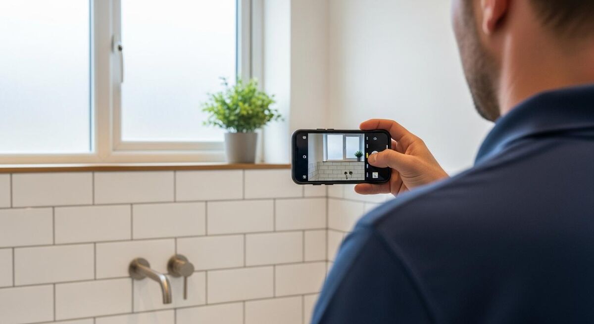 A tradesperson taking a photo of finished work on a phone in a customer kitchen