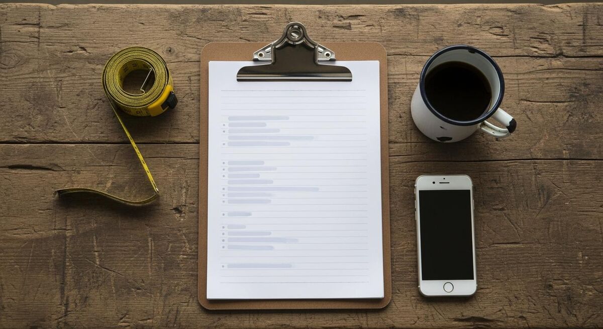 A printed checklist on a clipboard sitting next to a tape measure and a phone on a workshop bench