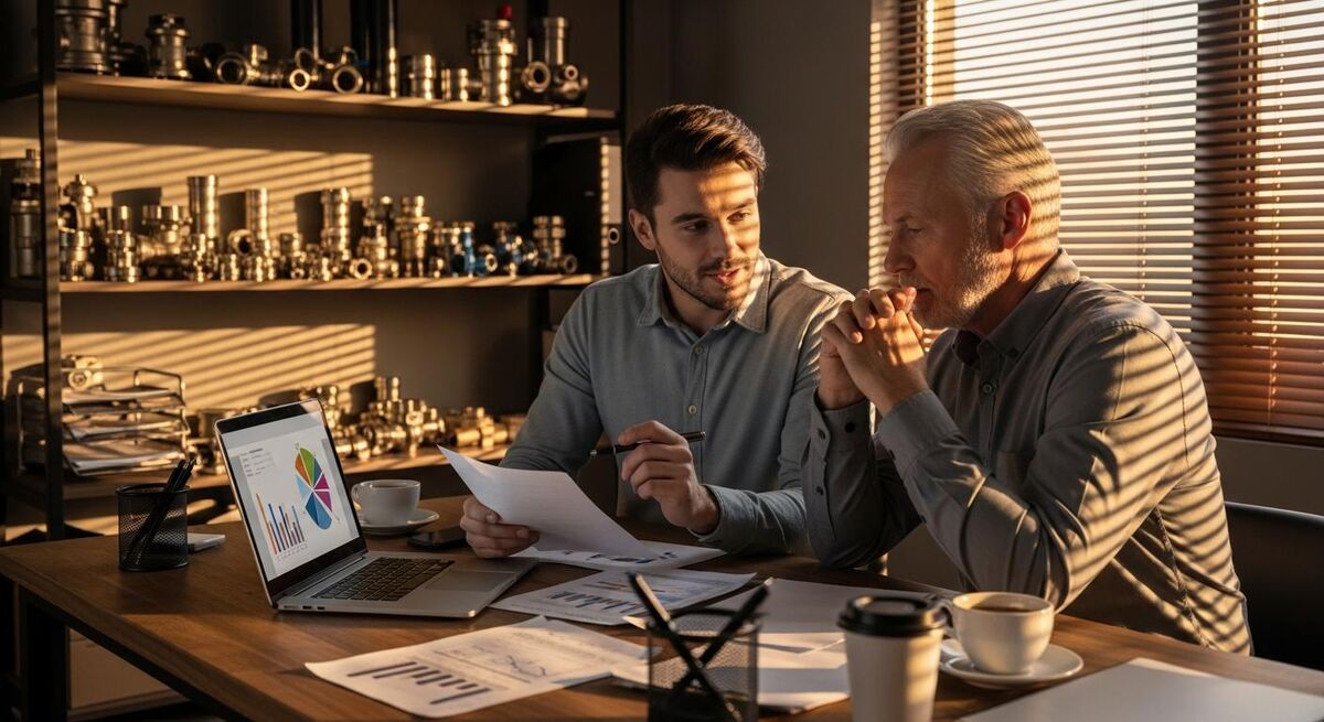 Trade business owner reviewing onboarding documents with a young team member