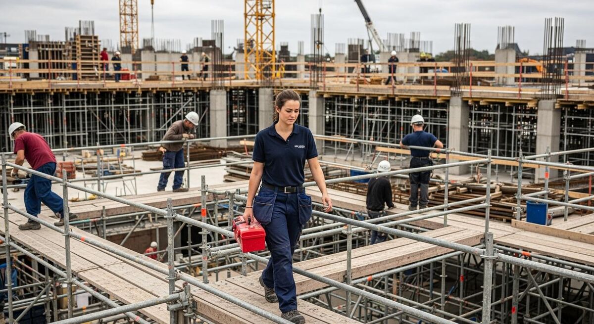 Young trade workers on a construction site reviewing plans on a tablet