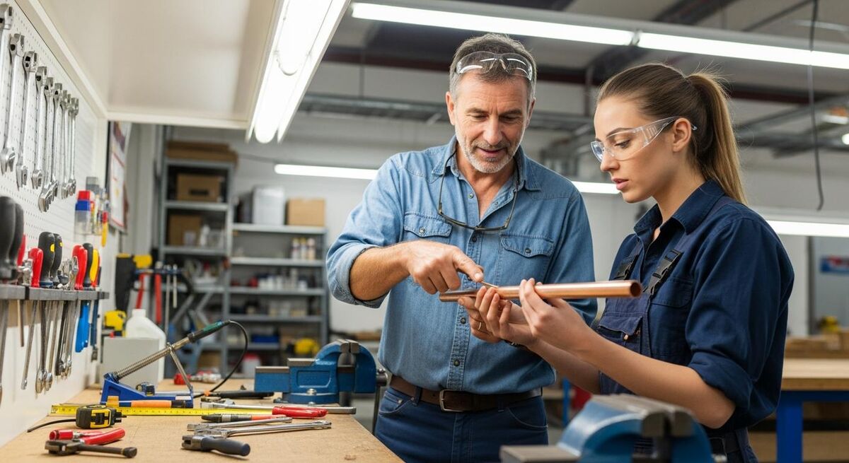 Experienced tradesperson mentoring a young apprentice on pipework installation