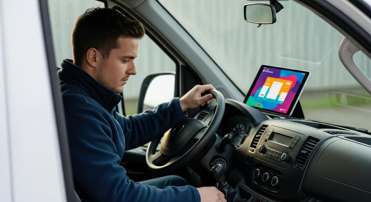 Young tradesperson using a tablet to check job scheduling software
