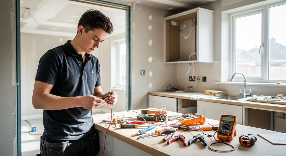 Young person working with electrical wiring in a workshop setting