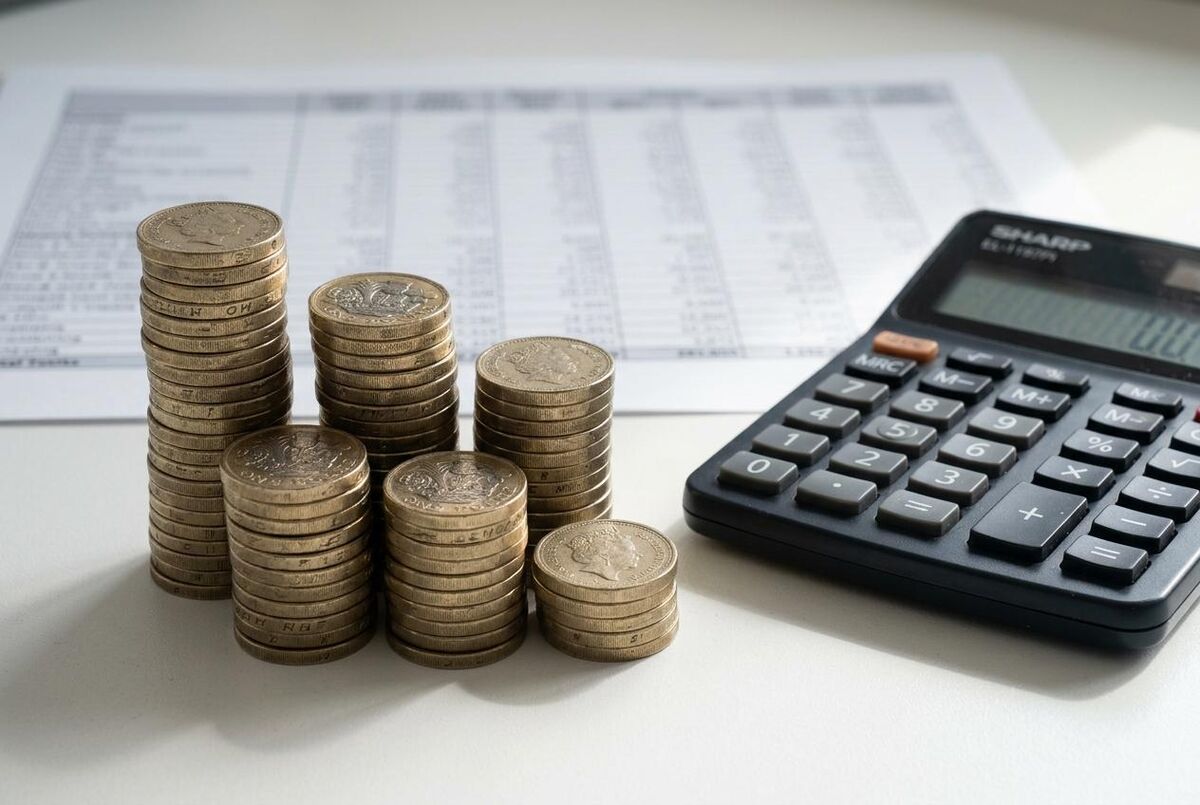 British pound coins stacked next to a calculator representing LSA cost analysis